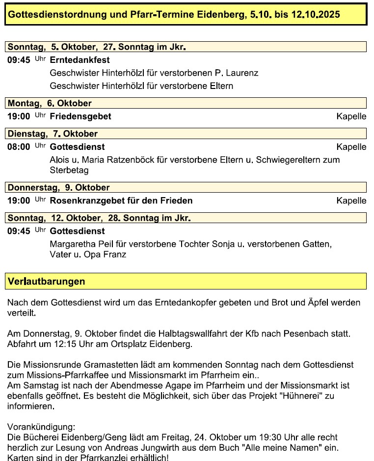 Pfarre Eidenberg - Verkündzettel