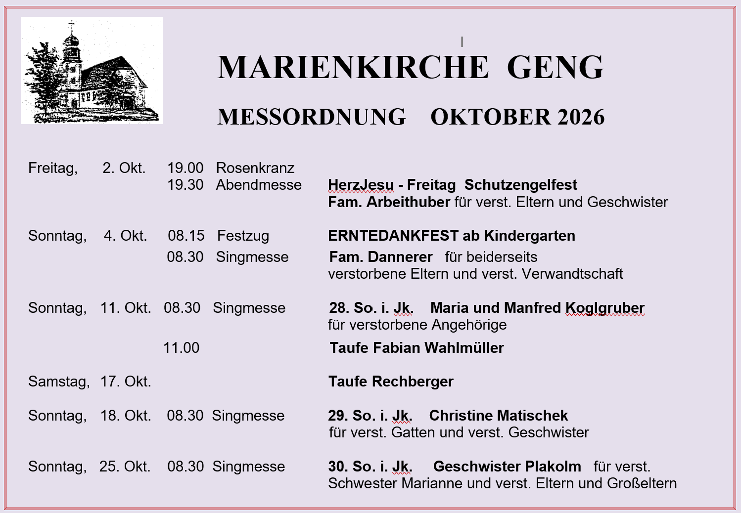 Messordnung Marienkirche Geng Oktober 2026
